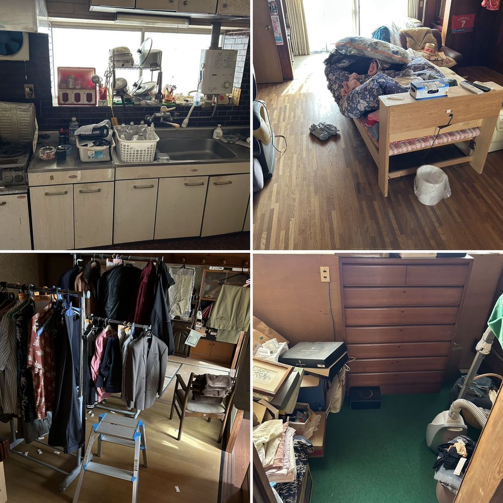 呉市焼山西の買取物件。台所や居室に生活用品が残る現況